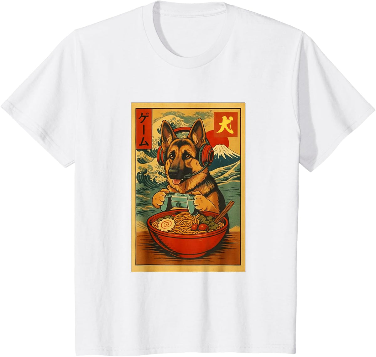 German Shepherd Gaming Ramen Ukiyo-e Great Wave Retro Art T-Shirt - White