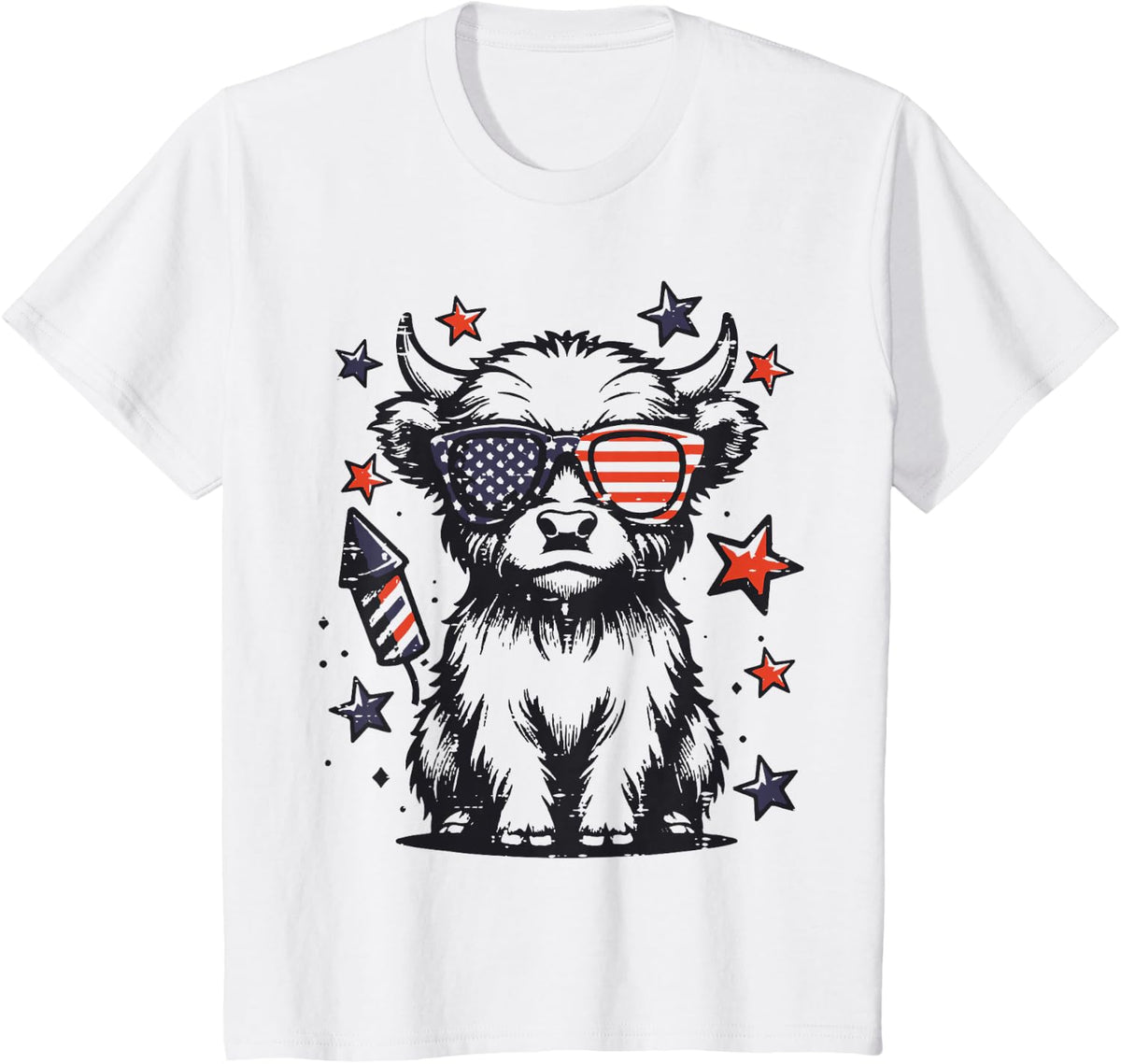 4th of July Highland Cow Cute American Farm Boys Girls Kids T-Shirt - White