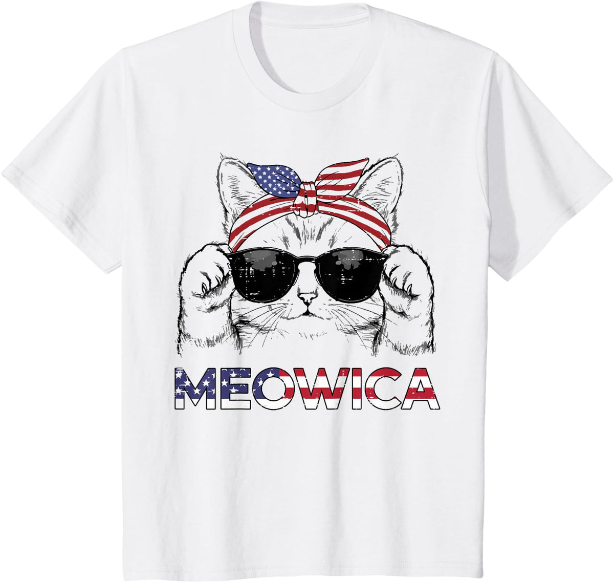 4th of July Cat Meowica USA Bandana Patriot Girls Kids Women T-Shirt - White