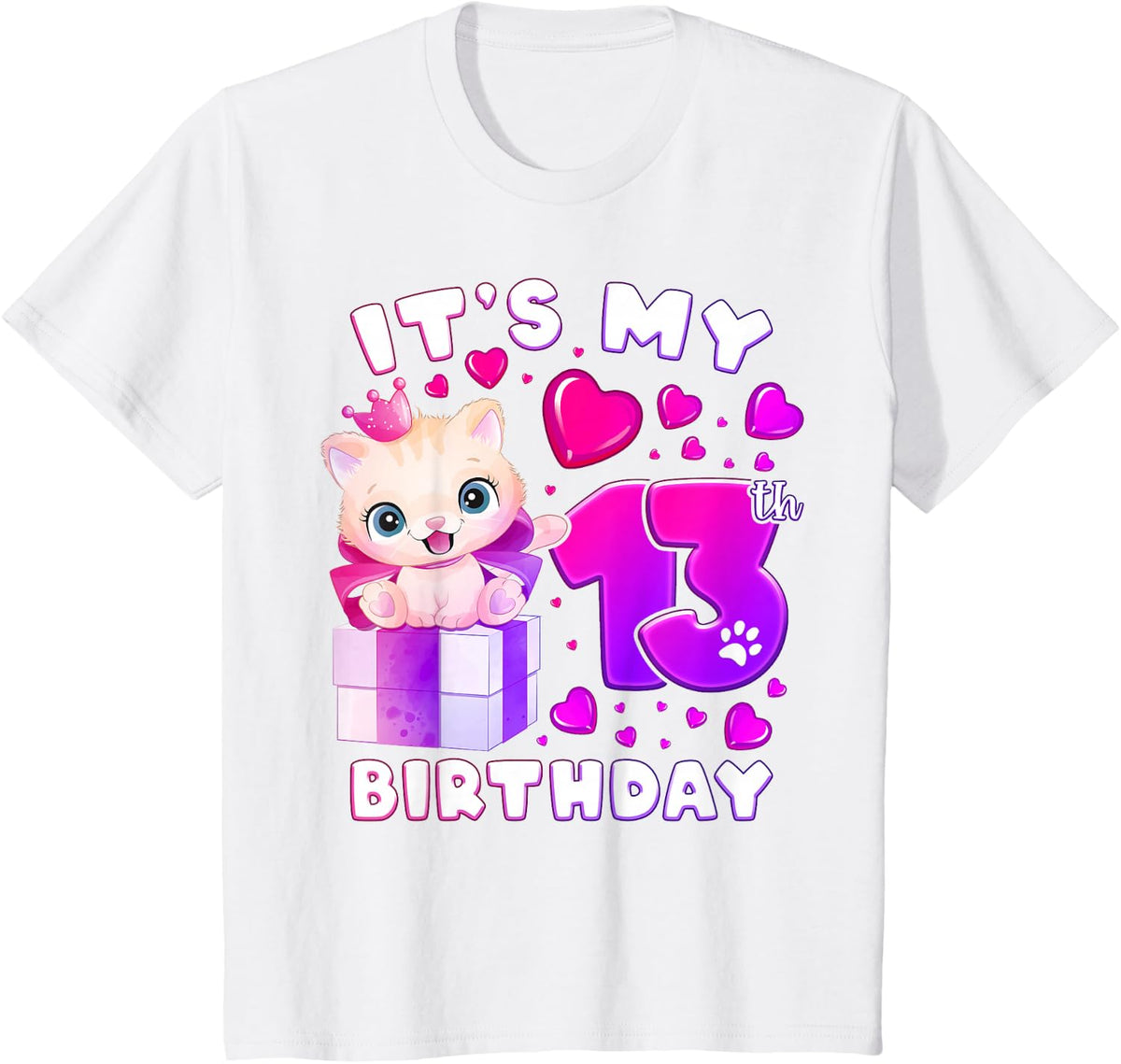13th Birthday, Girl 13 Year, Cat, Number 13 T-Shirt - White