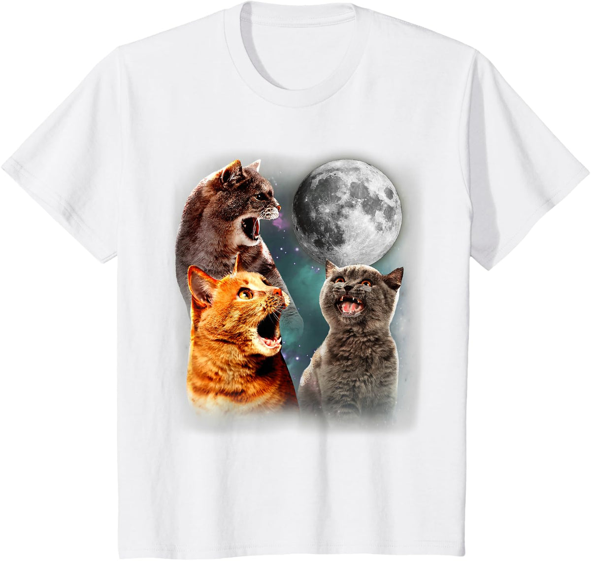 3 Moon Howling Cat Head For Cat Lover, Dad, Mom T-Shirt - White
