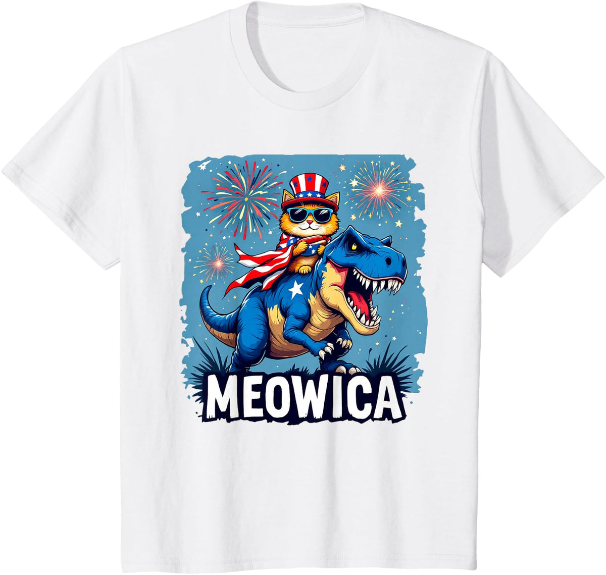 4th of July Meowica Cat Riding Dinosaur USA American Flag T-Shirt - White