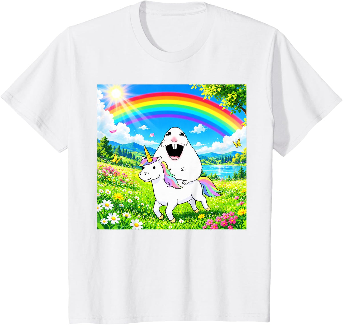 Happy Hamster Riding Unicorn Gen Alpha Gen Z Funny Meme T-Shirt - White