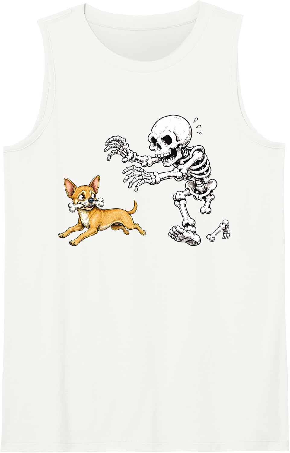 Chihuahua Dog Skeleton Bone Chase Funny Halloween Humor Tank Top - White