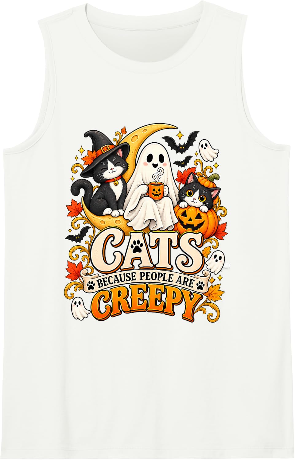 Funny Spooky Halloween Cat Lover Ghost Pumpkin Autumn Fan Tank Top - White