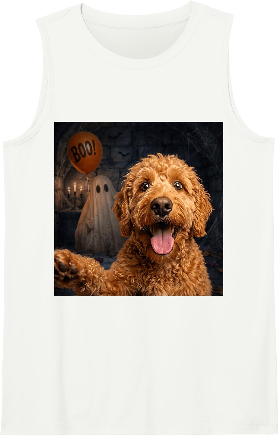Funny Goldendoodle Ghost Boo Halloween Selfie Dog Meme Sleeveless Tank Top - White