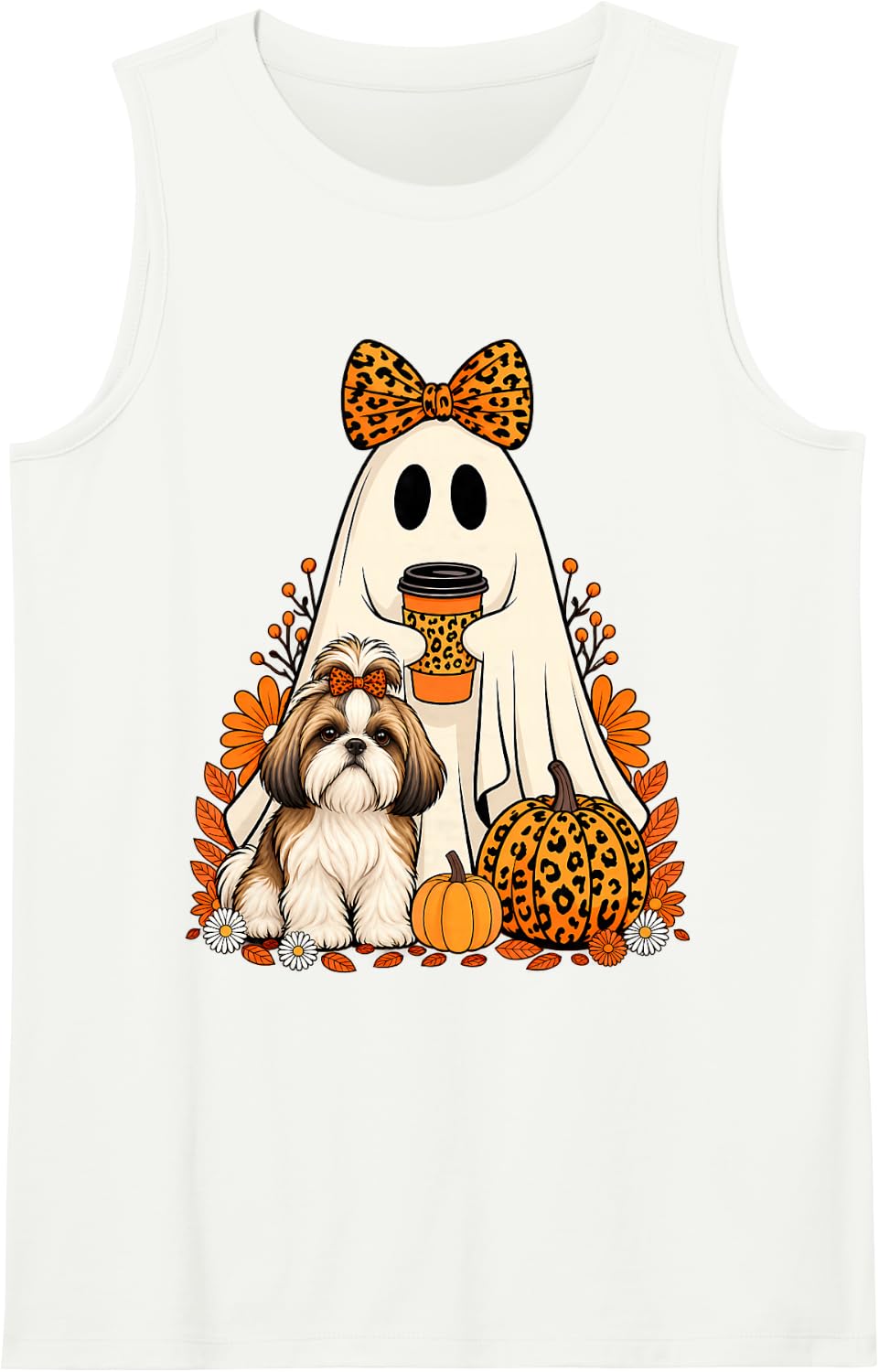 Halloween Ghost Shih Tzu Coffee Pumpkin Floral Fall Sleeveless Tank Top - White