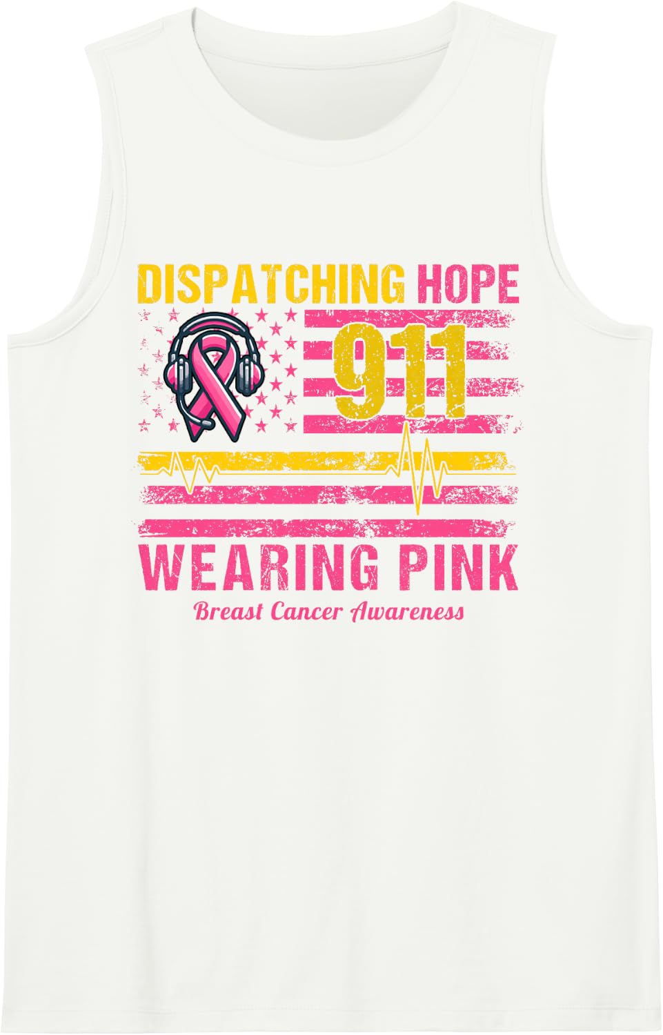 911 Dispatcher Breast Cancer Awareness US Flag We Wear Pink Sleeveless Tank Top - White