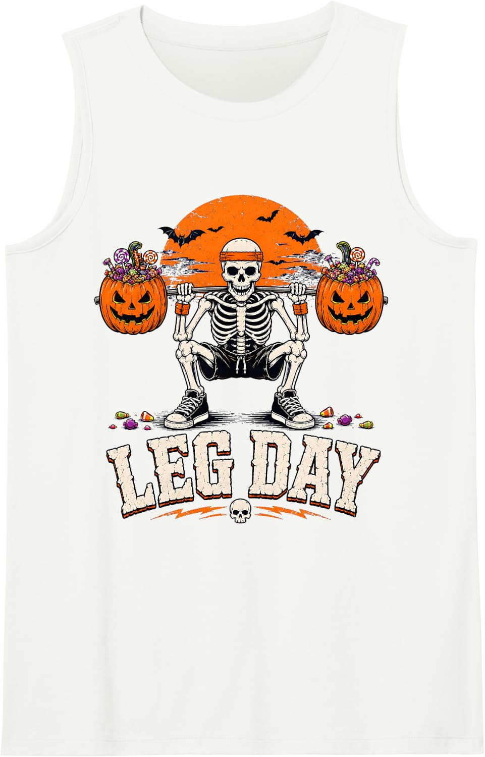 Halloween Leg Day Skeleton Squat Pumpkin Candy Bucket Gym Sleeveless Tank Top - White