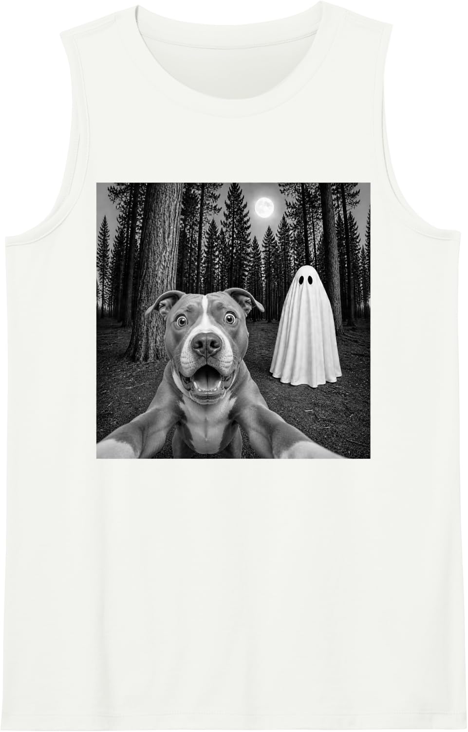 Spooky Pitbull Selfie with Ghost Halloween Pittie Dog Sleeveless Tank Top - White