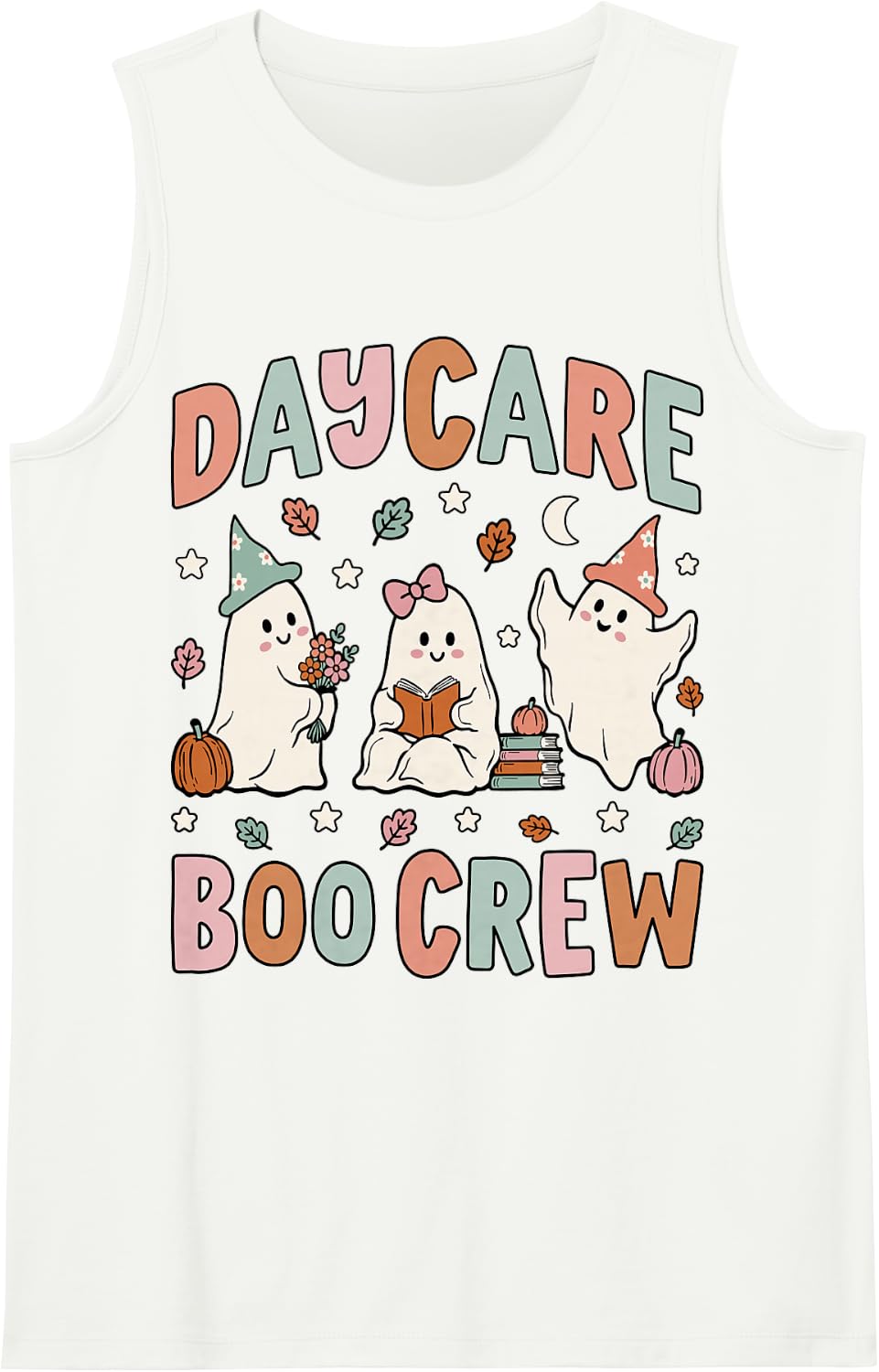Daycare Boo Crew Retro Groovy Halloween Floral Ghost Teacher Sleeveless Tank Top - White