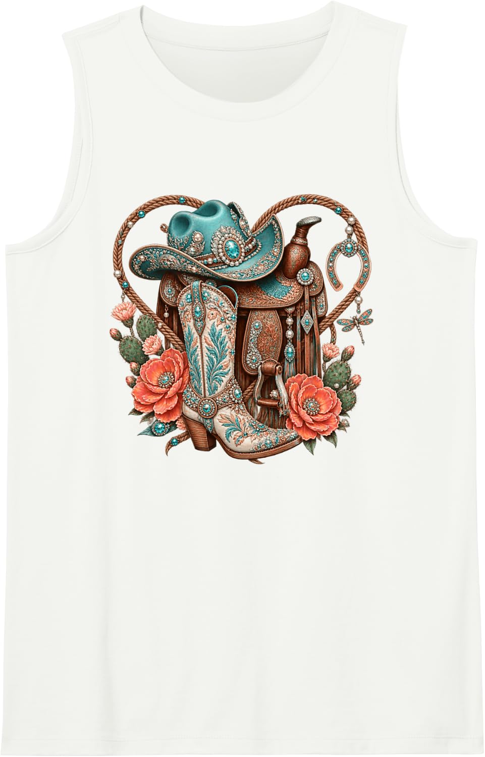 Turquoise Cowgirl Boot Cowboy Hat Western Saddle Sleeveless Tank Top - White