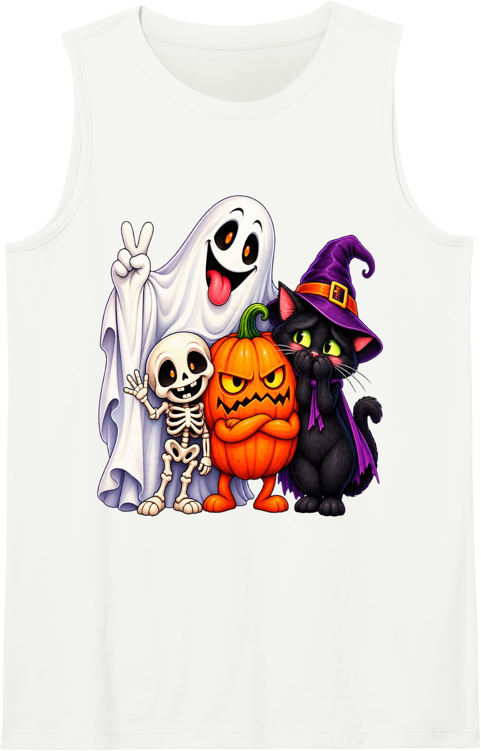 Halloween Family Ghost Skeleton Pumpkin Witch Cat Sleeveless Tank Top - White
