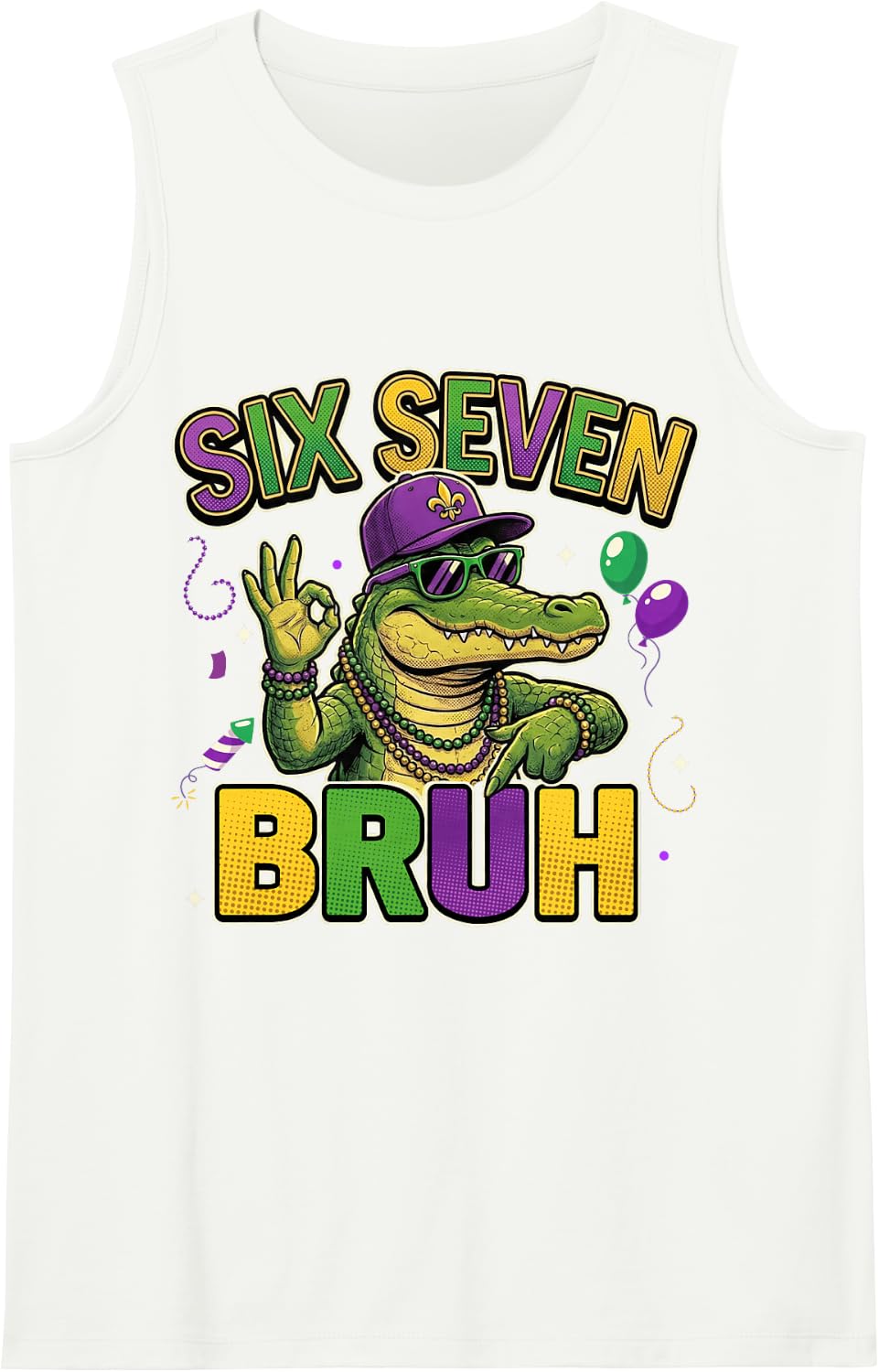 Six Seven Bruh Boys Kids Mardi Gras Alligator Mardi Gator 67 Sleeveless Tank Top - White