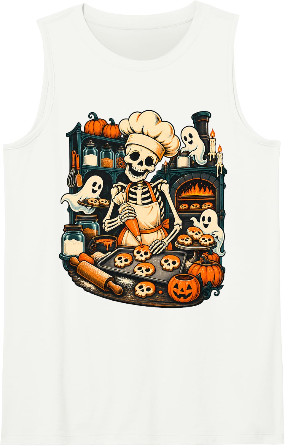 Halloween Skeleton Baker Spooky Kitchen Ghost Cookies Sleeveless Tank Top - White