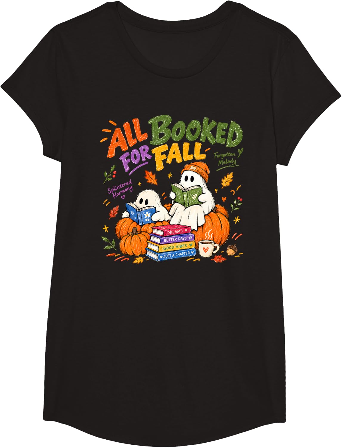 Fall Book Lover Ghost Reading Autumn Pumpkin Bookworm T-Shirt - Girls Black