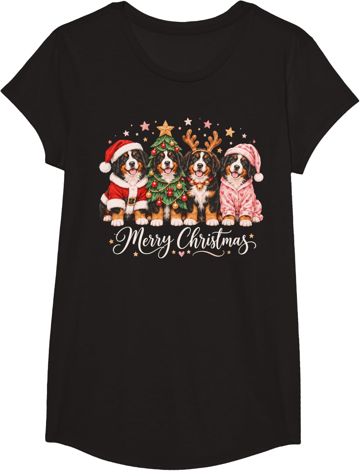 Christmas Bernese Mountain Dogs Santa Reindeer Pajama Squad T-Shirt - Girls Black
