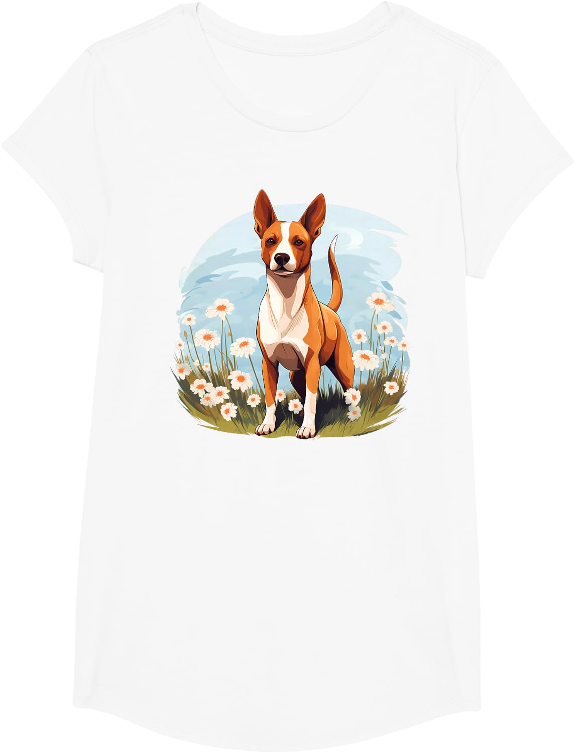 Cute Basenji in Spring Flower Garden Nature Puppy Dog Lover T-Shirt - Girls White
