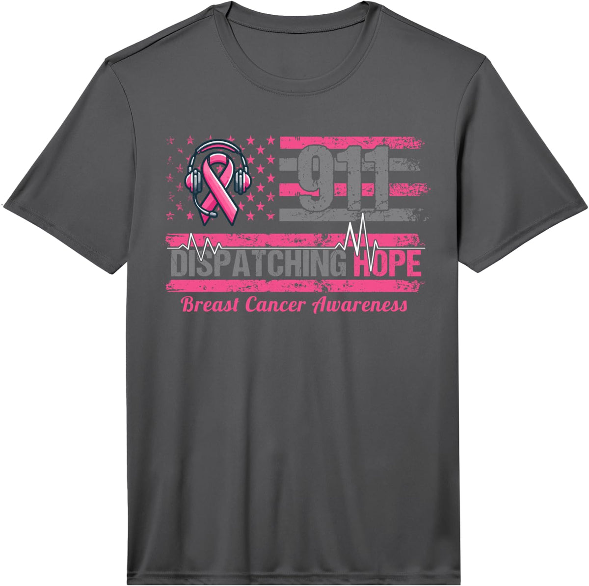 Men's 911 Dispatcher Breast Cancer Awareness American Flag Performance T-Shirt - Asphalt Grey