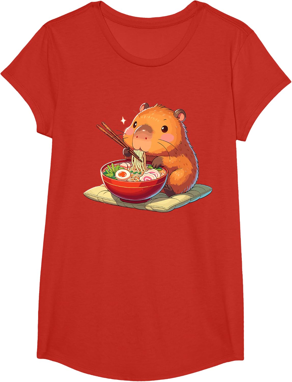 Cute Capybara Eats Ramen Noodles Tee Funny Kawaii Capybara T-Shirt - Girls Red
