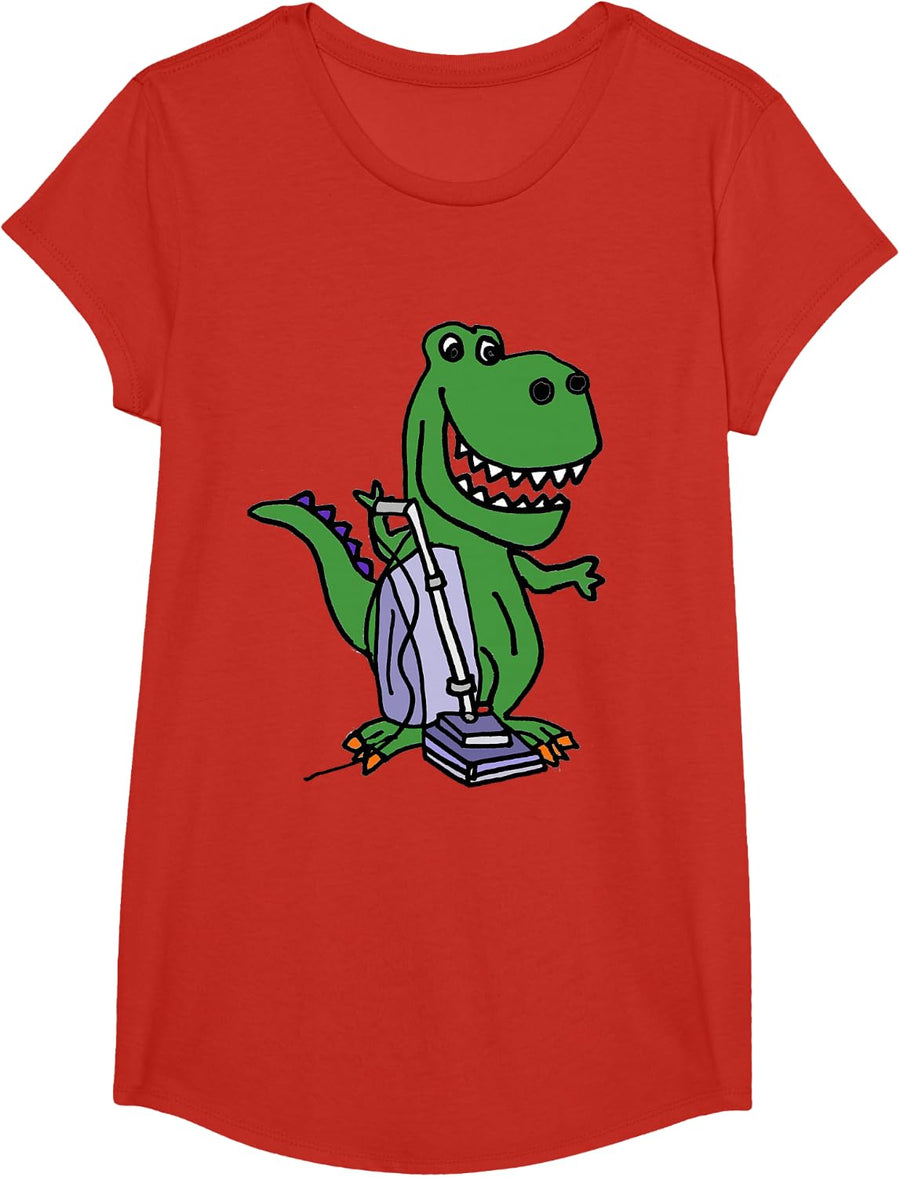 SmileteesAll Funny T-rex Dinosaur using Vacuum Cleaner T-Shirt - Girls Red