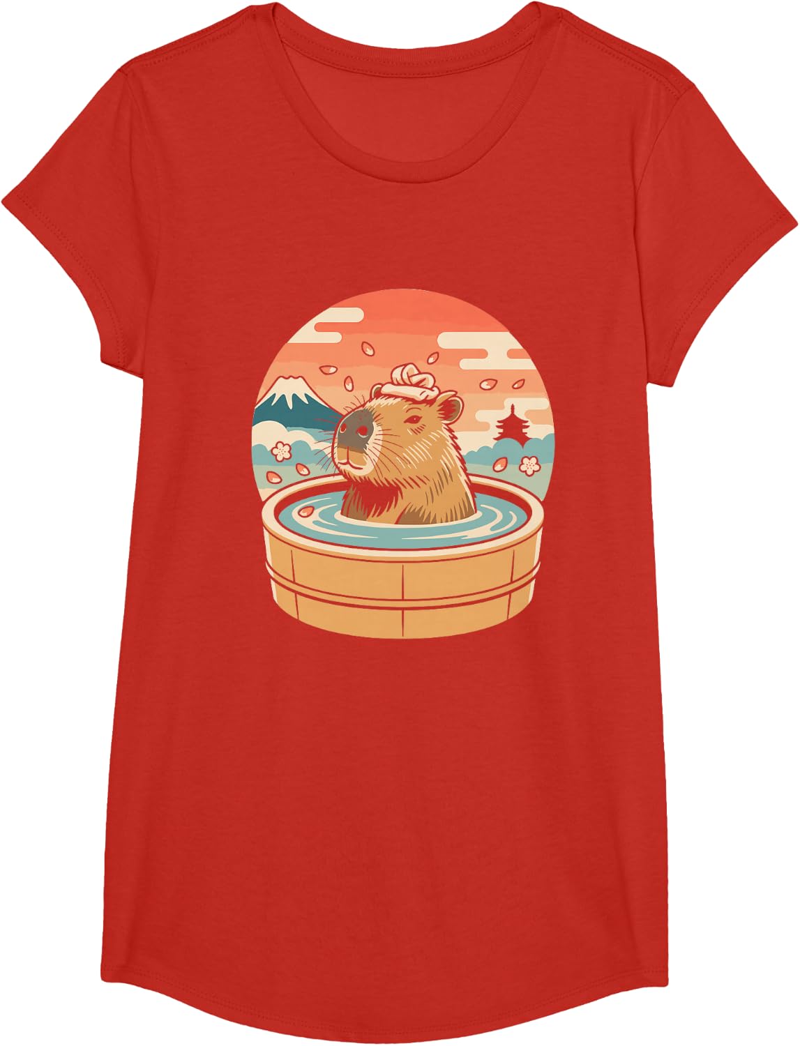 Capybara Relaxing Onsen Japanese Graphic Tee T-Shirt - Girls Red