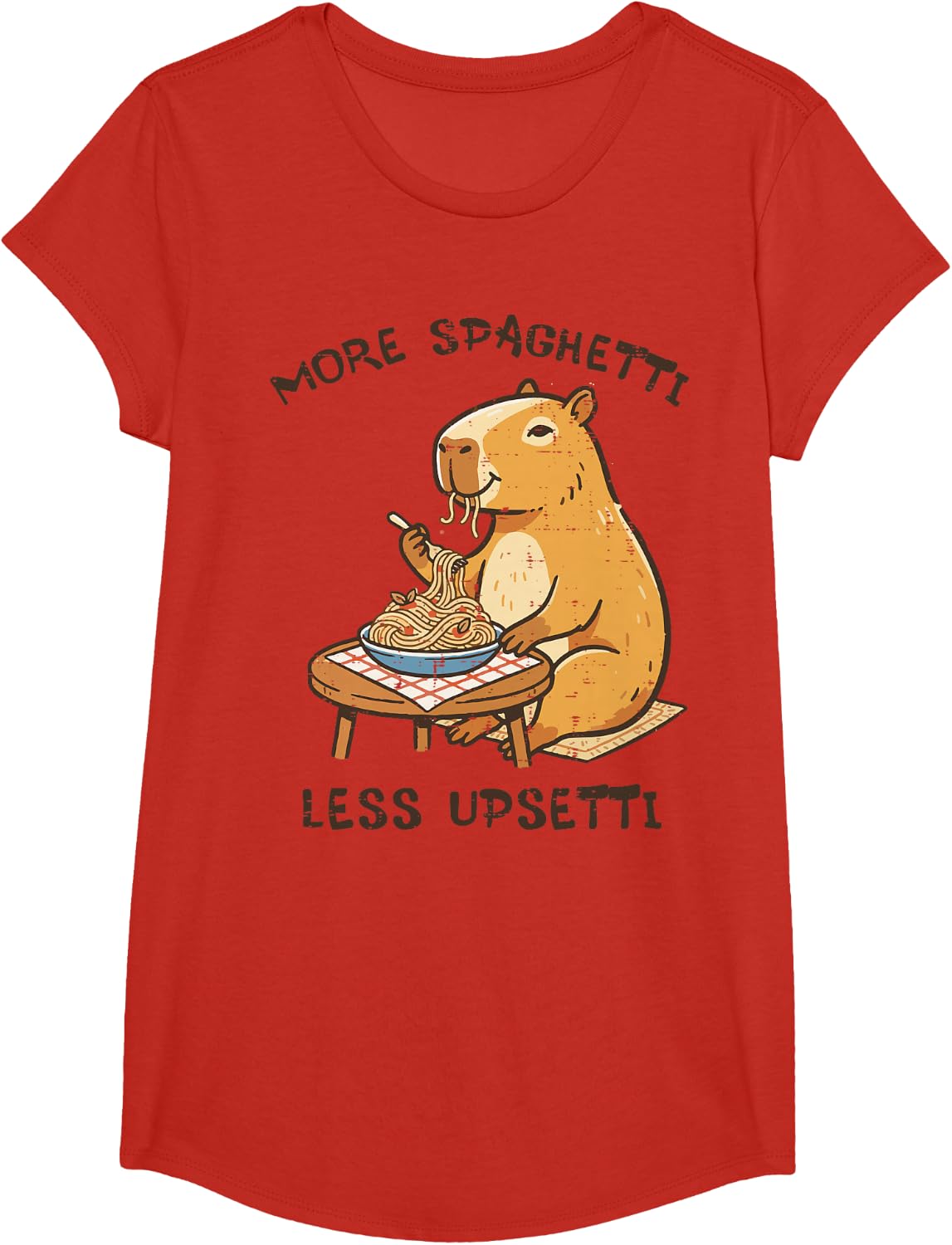 Capybara More Spaghetti Less Upsetti Funny Men Women Kids T-Shirt - Girls Red