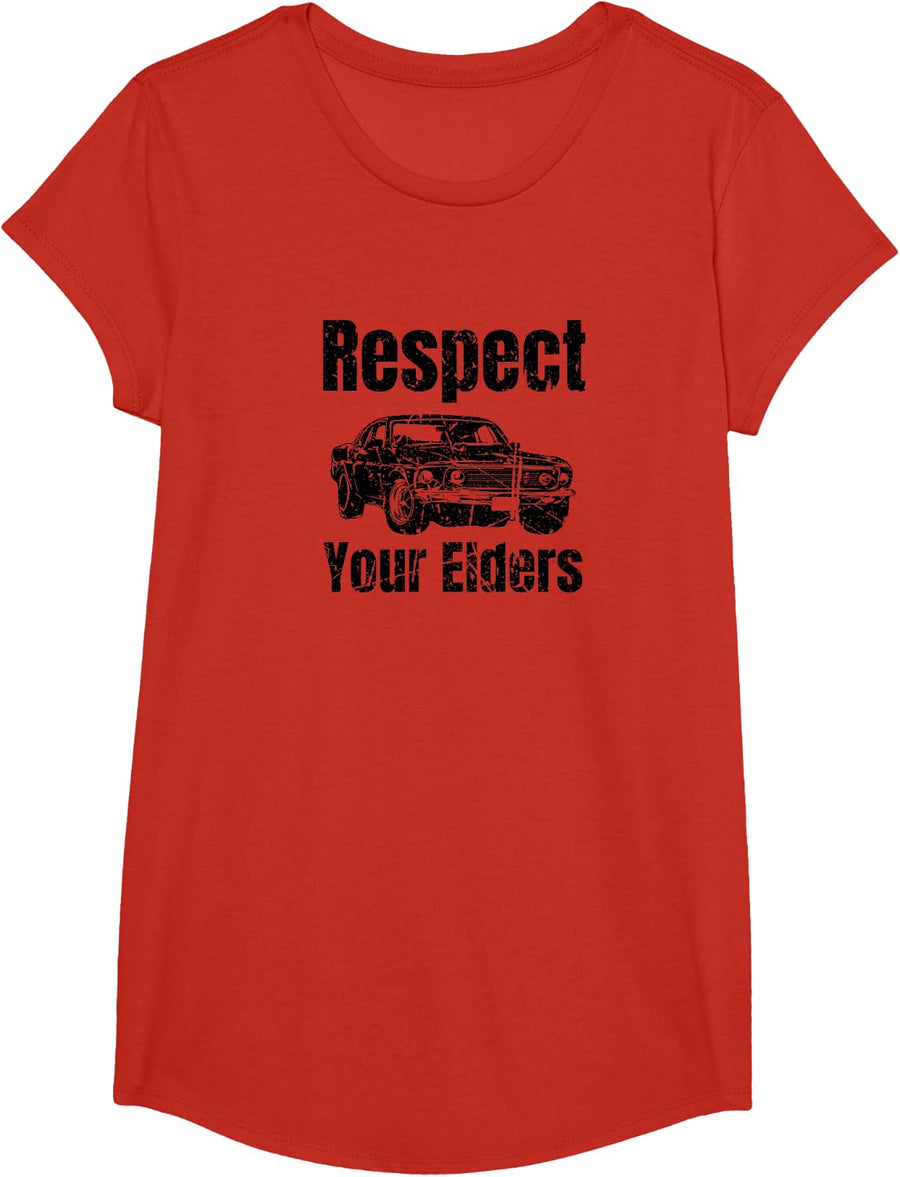 Funny Car Tees - Vintage Respect Your Elders Classic Muscle Car T-Shirt for Men and Women - Girls Red