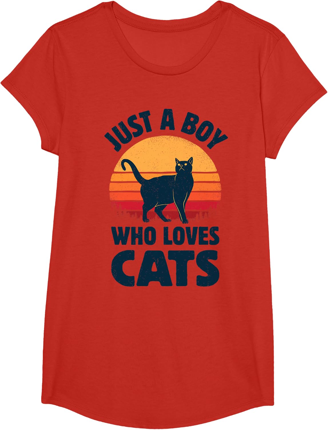 Cat Just A Boy Who Loves Cats Men Retro Vintage Sunset T-Shirt - Girls Red
