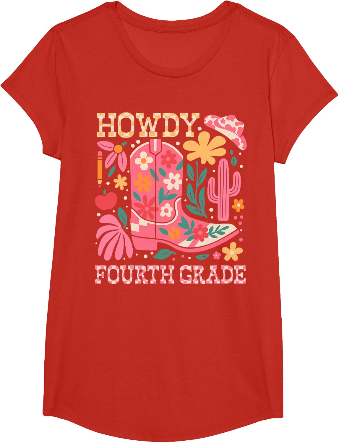 Howdy Fourth 4th Grade Cowgirls Teacher Back To School T-Shirt - Girls Red