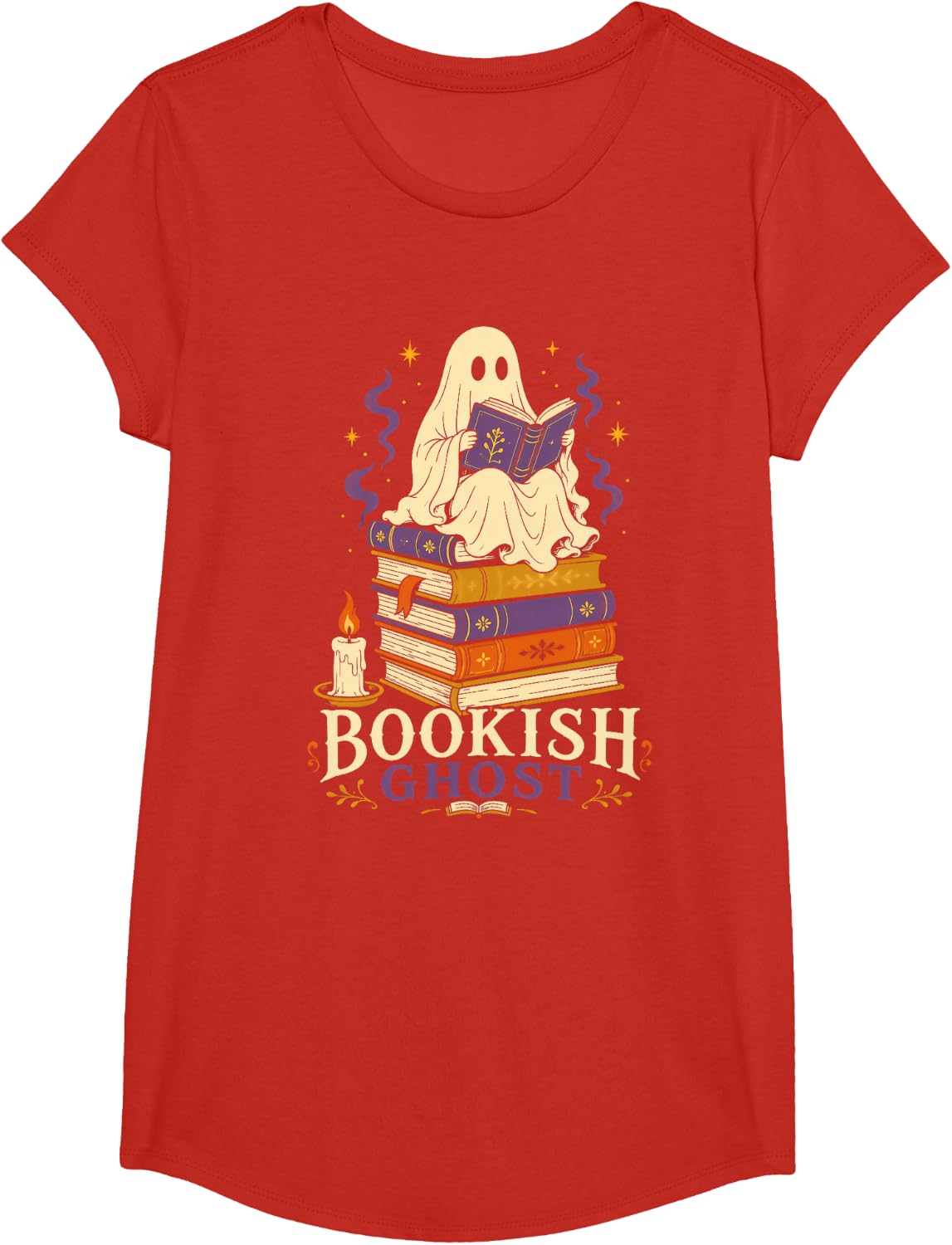 Bookish Ghost Cute Halloween for Book Lovers and Librarians T-Shirt - Girls Red