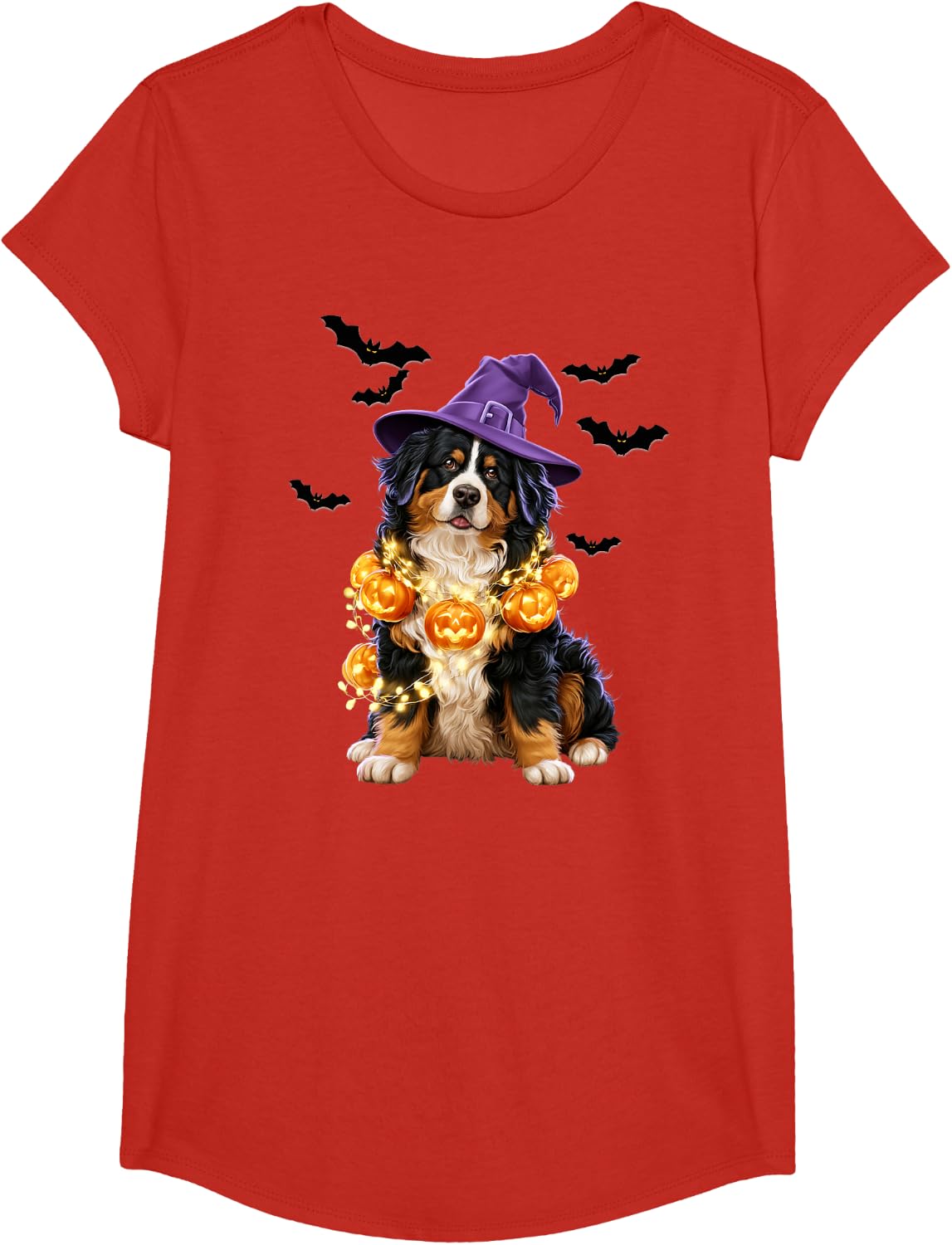 Bernese Mountain Glowing Pumpkin Light Funny Dog Halloween T-Shirt - Girls Red