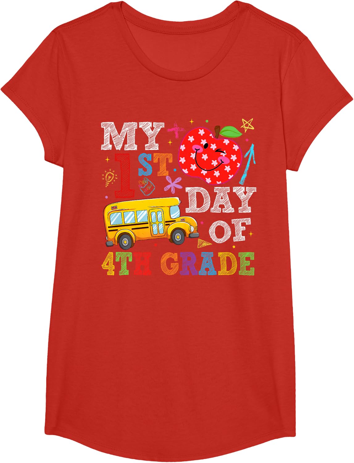 My 1st Day of 4th Grade Bus Apple Back to School Boy Girl T-Shirt - Girls Red