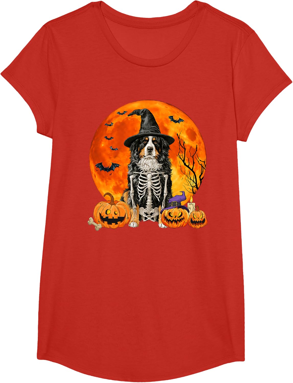 Funny Witch Bernese Mountain Dog Spooky Fall Halloween T-Shirt - Girls Red