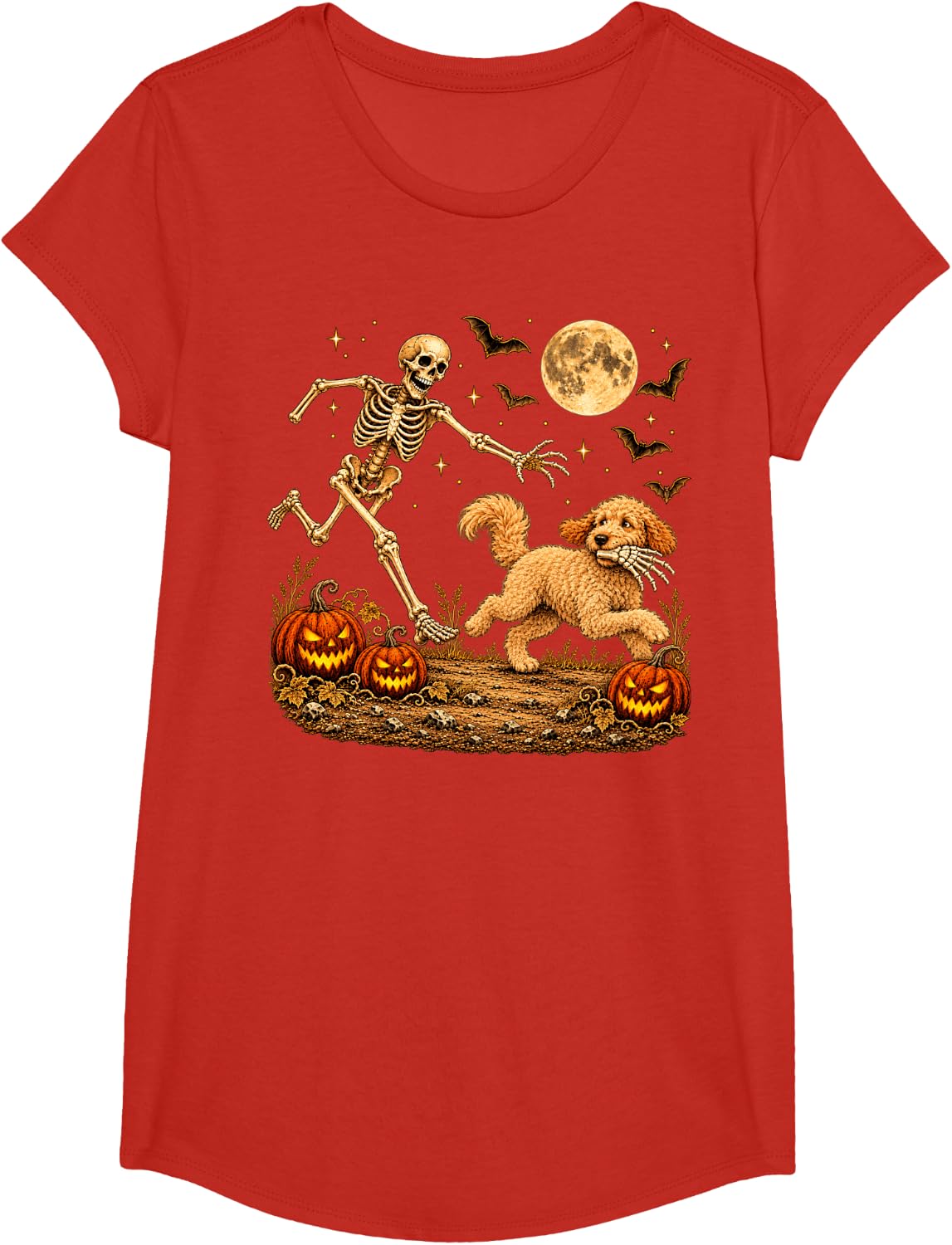 Skeleton Playing with Goldendoodle Dog Halloween T-Shirt - Girls Red