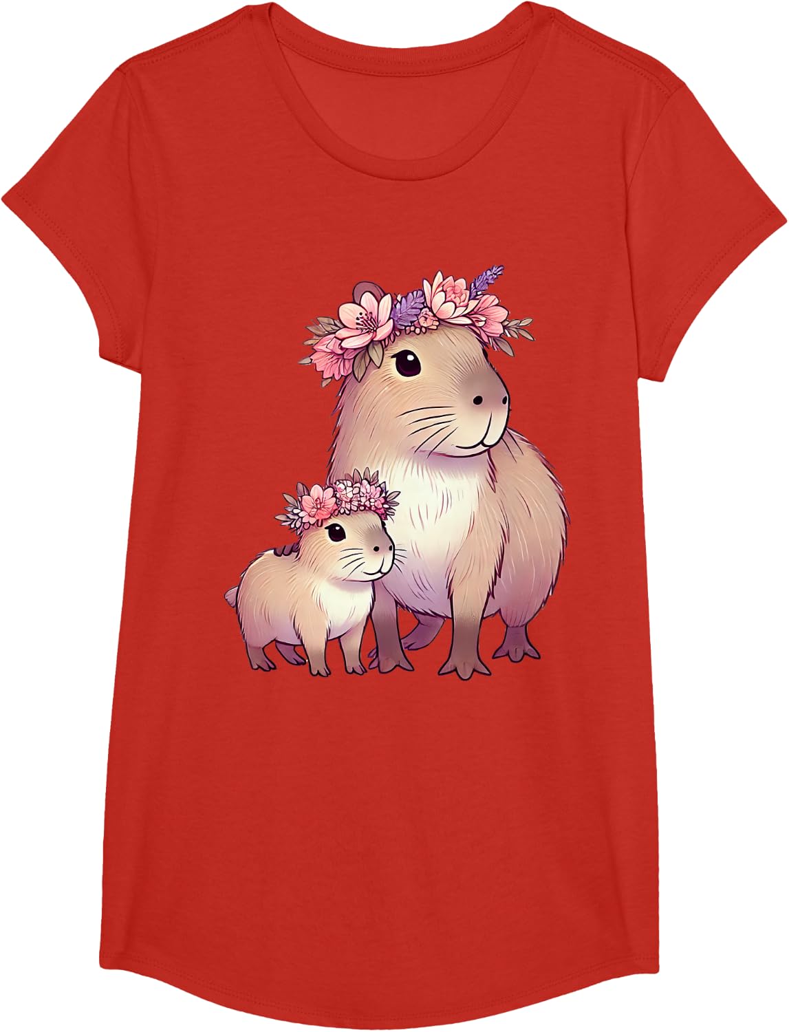 Capybara Mom Flower T-Shirt Cute Capybara Shirts for Women Kids Tees - Girls Red