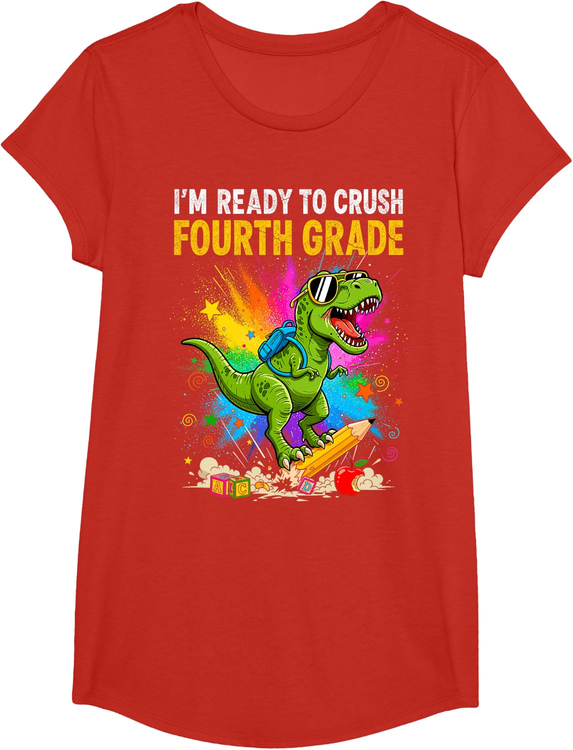 4th Grade Fourth Grade Dinosaur Back to School First Day Boy T-Shirt - Girls Red
