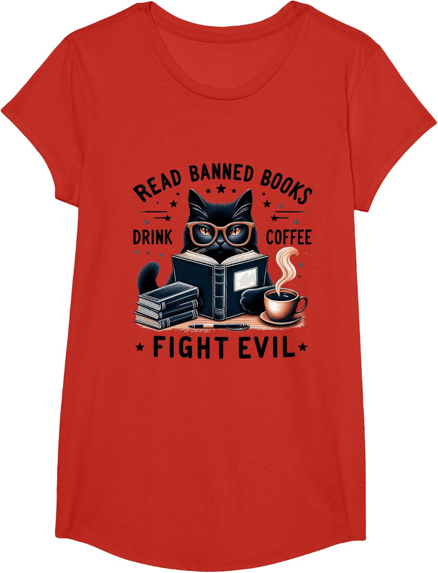 Read Banned Books Drink Coffee Fight Evil Vintage Cat Lover T-Shirt Tee for Book Readers - Girls Red