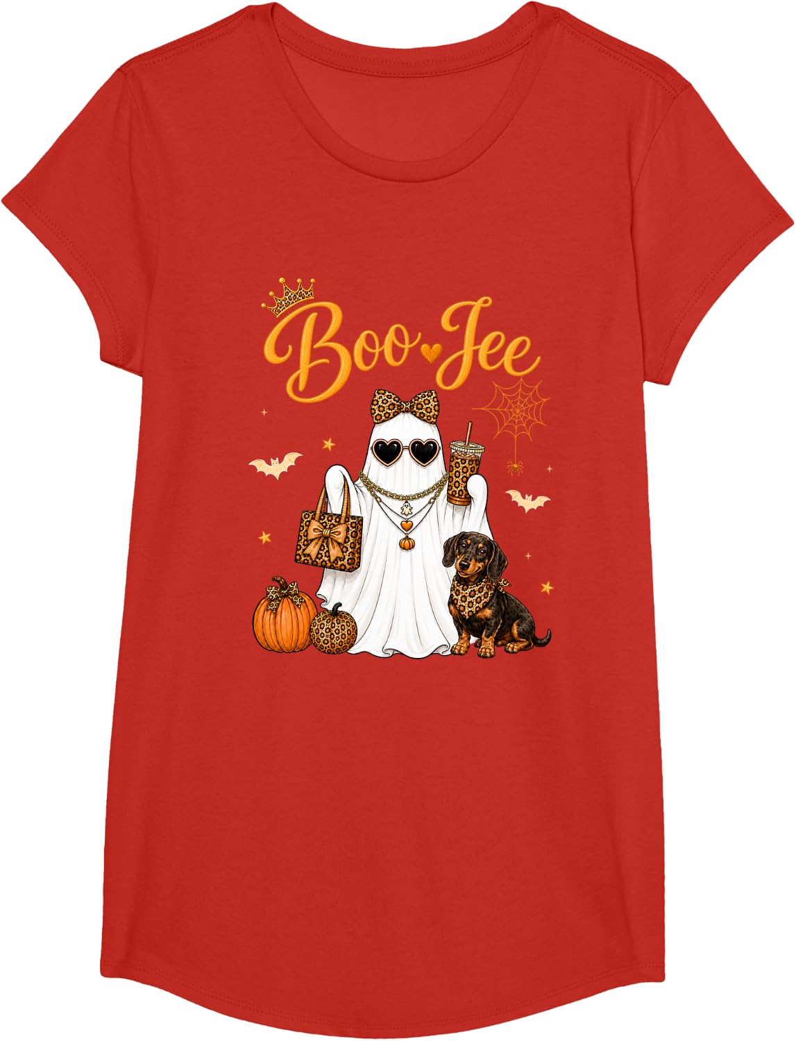 Boo JEE Ghost Pumpkin Coffee Dachshund Dog Halloween Costume T-Shirt - Girls Red