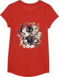 Japanese Art Cat Ninja Ukiyo-e Anime Style Samurai Cat T-Shirt - Girls Red