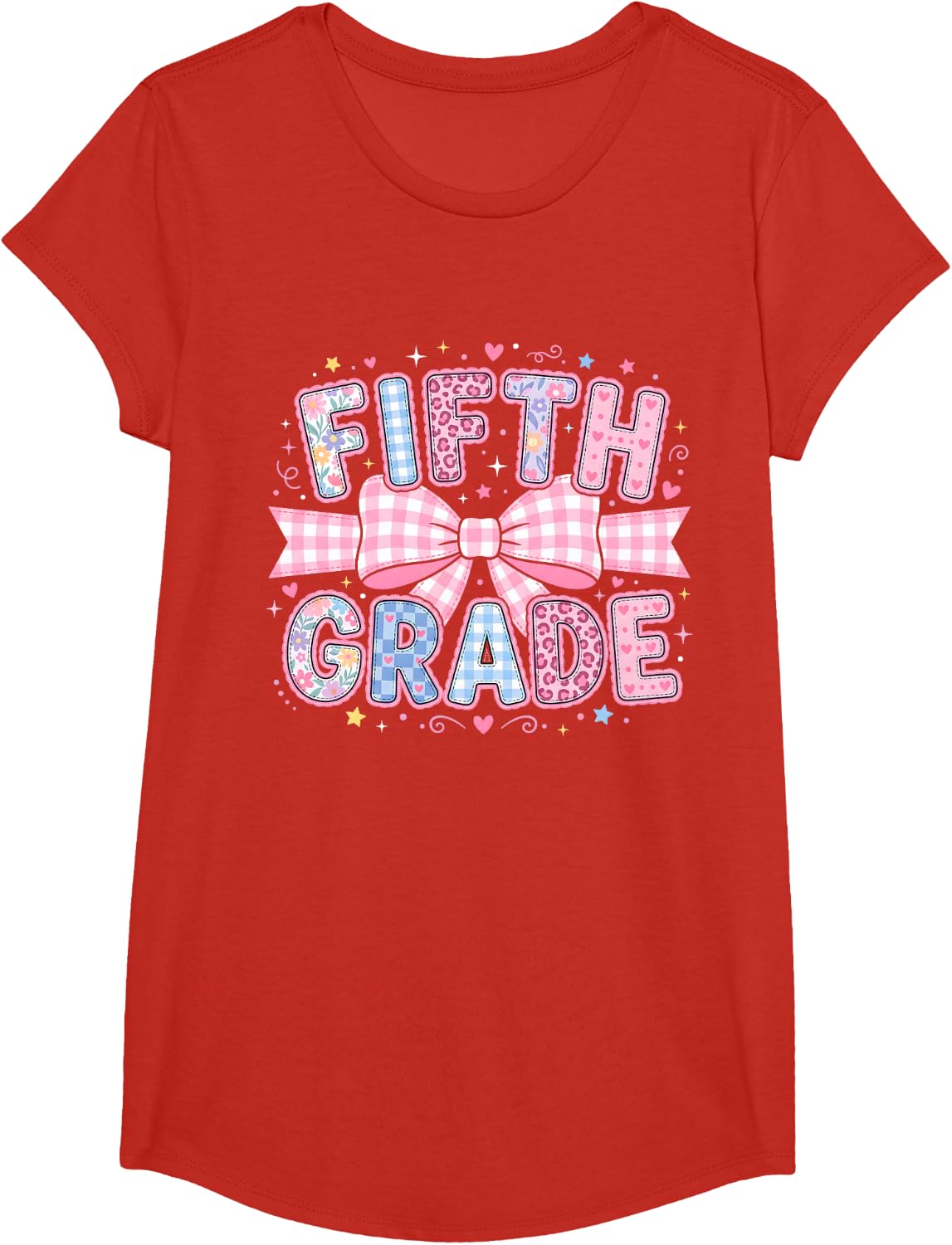 Preppy Fifth Grade Back to School Teacher Kids Coquette Bow T-Shirt - Girls Red