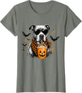 Retro Halloween Pitbull Leopard Pumpkin Spice Latte Fall Dog T-Shirt - Olive Heather