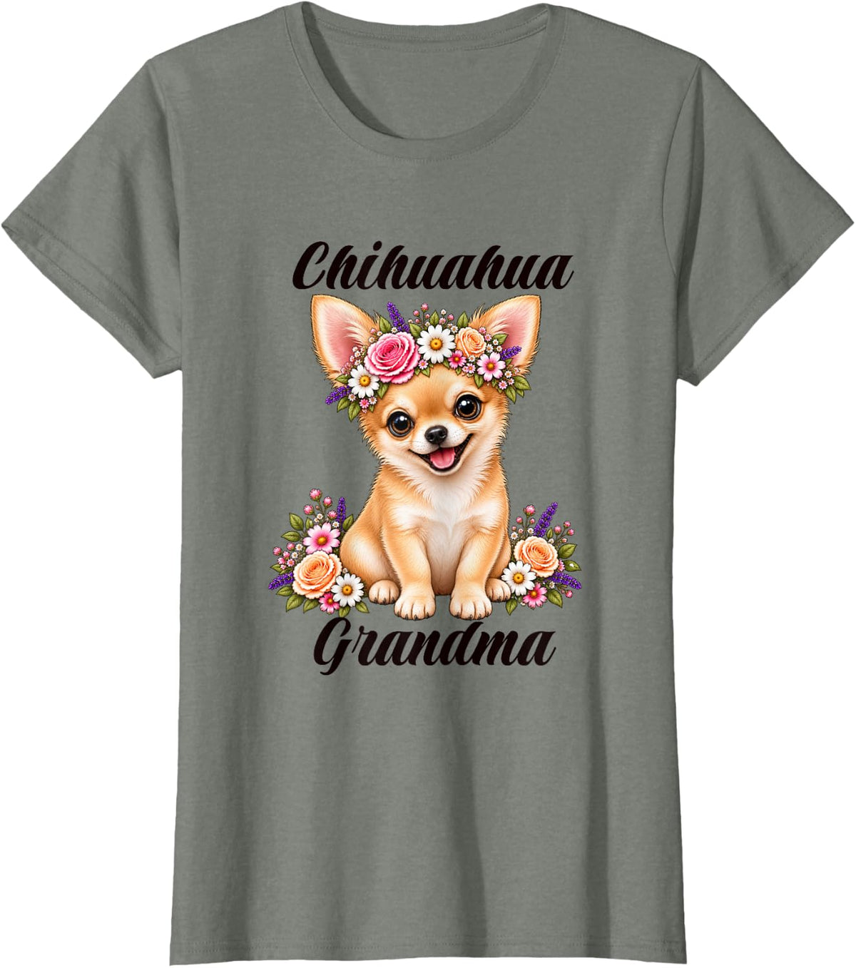 Chihuahua Grandma Cute Floral Puppy Crown Flowers T-Shirt - Olive Heather