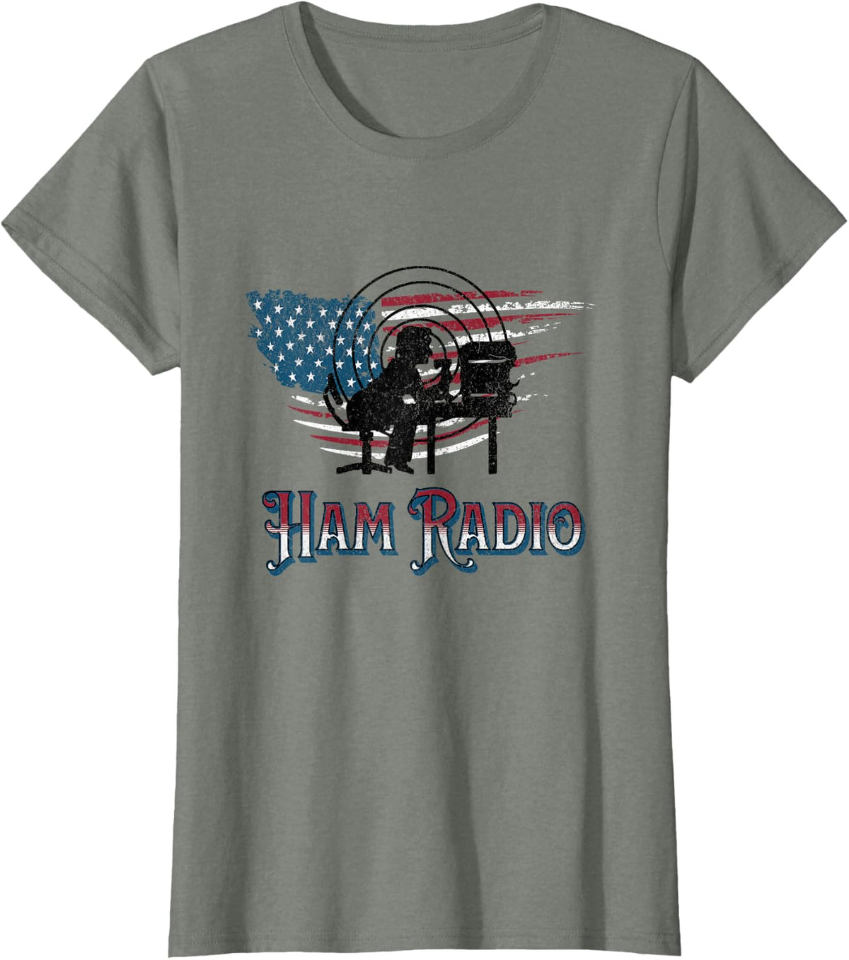 Ham Radio Patriotic USA Flag T-Shirt - Olive Heather