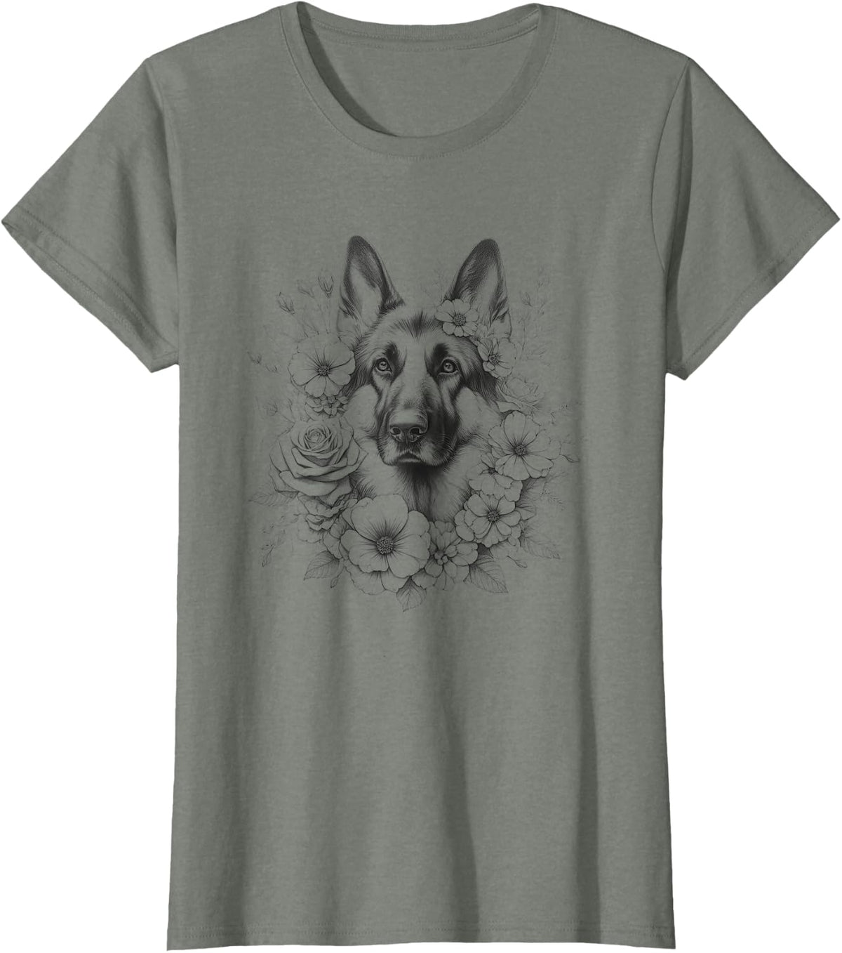 Floral German Shepherd Dog Mom Flower Design T-Shirt - Olive Heather