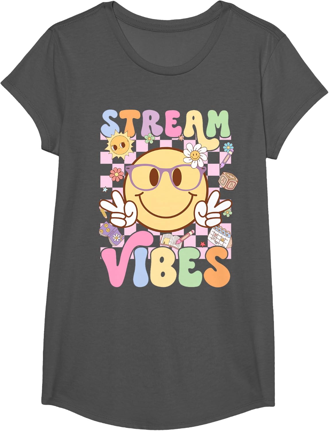 Stream Vibes, Stream Teacher First Day of School T-Shirt - Girls Asphalt Grey