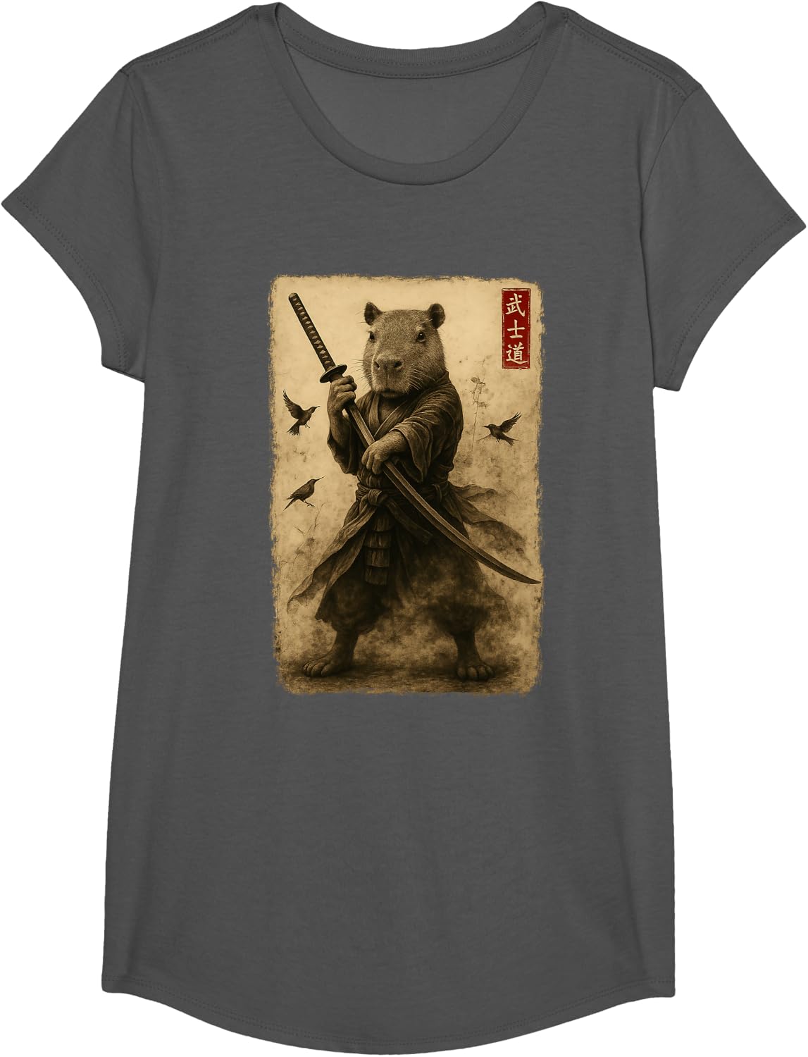 Samurai Capybara Japanese Art Warrior Bushido Katana T-Shirt - Girls Asphalt Grey