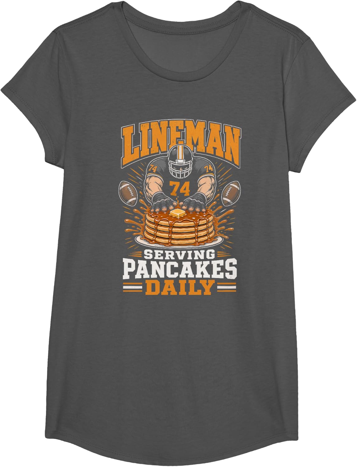 Football Lineman Serving Pancakes Daily T-Shirt - Girls Asphalt Grey
