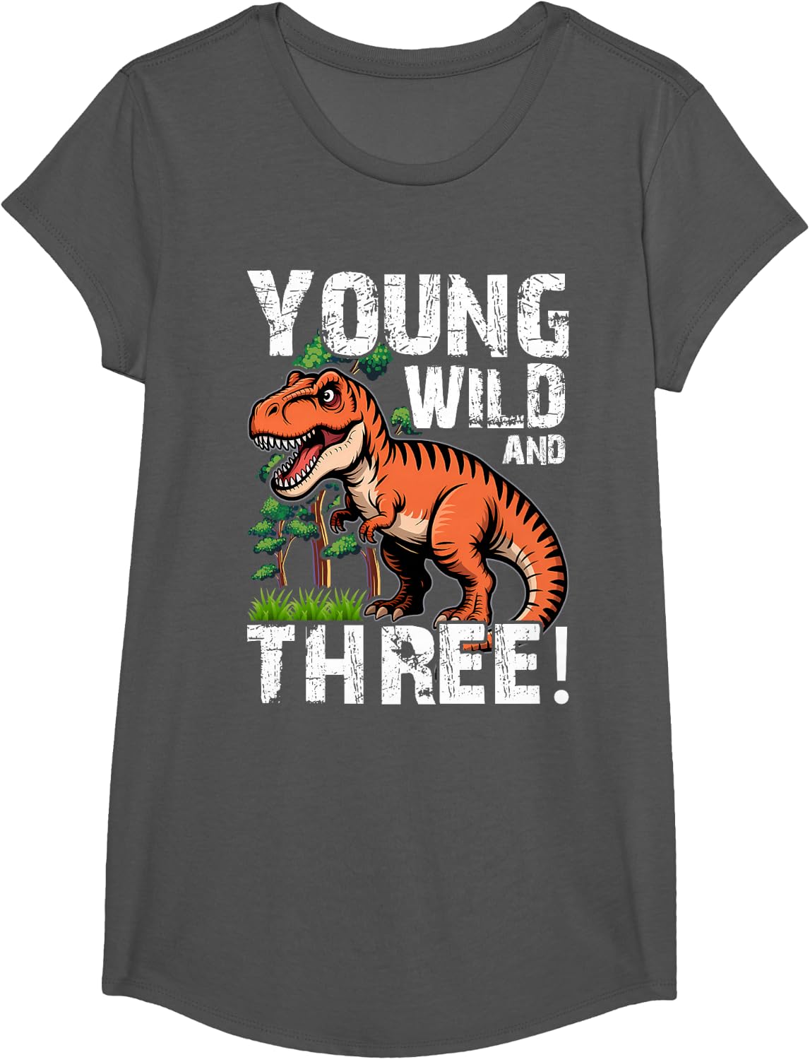 Young Wild and Three (3) Dinosaur T-Rex Birthday Boys T-Shirt - Girls Asphalt Grey