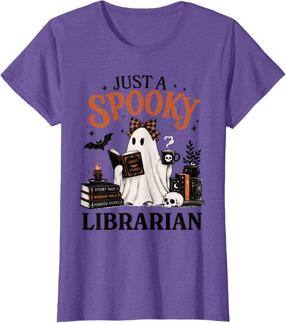 Just a Spooky Librarian Funny Ghost Reading Books Halloween T-Shirt - Purple Heather